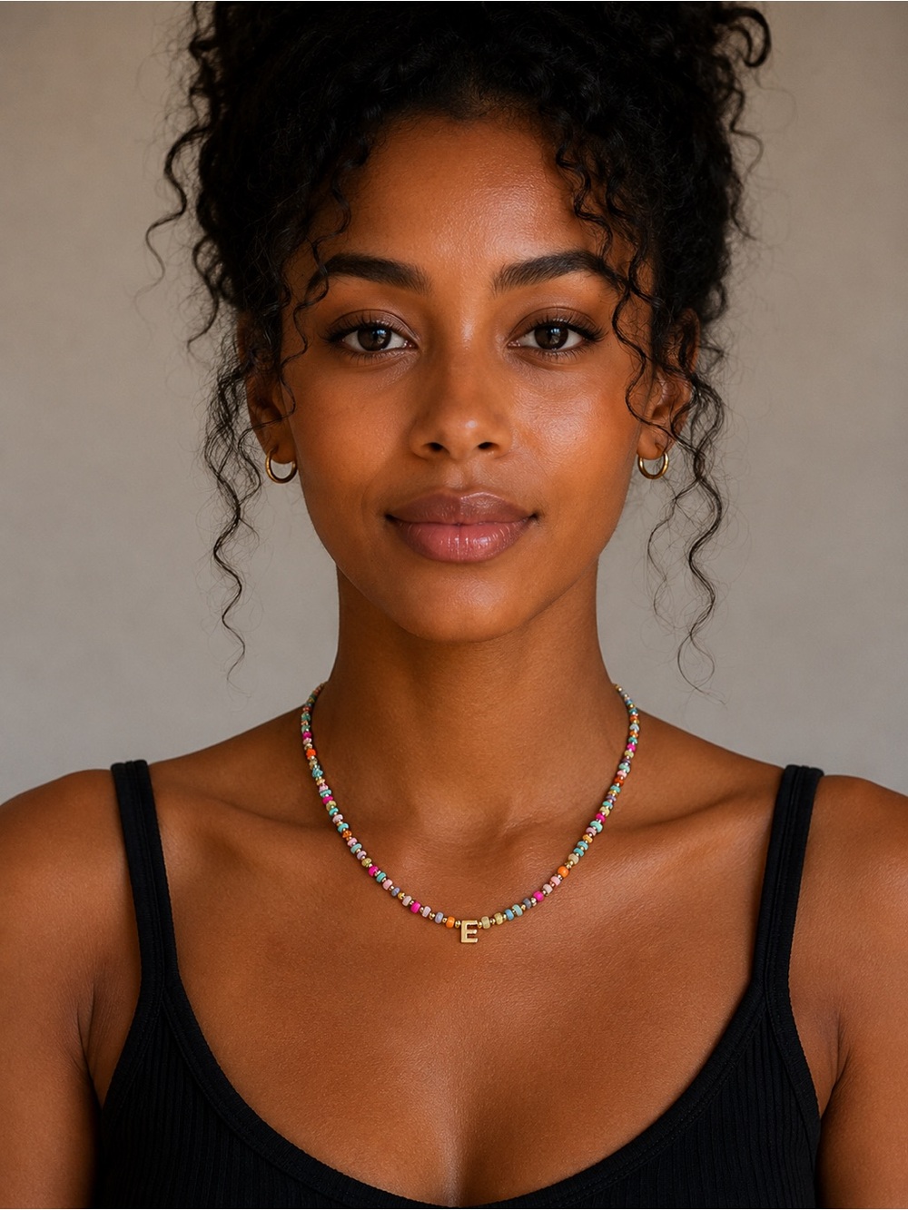 Gold Initial 'E' Multicolor Bead Necklace